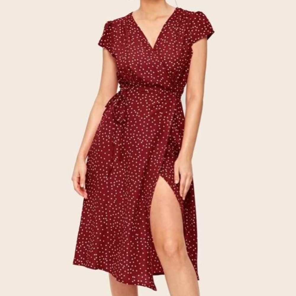 Shein maroon/burgundy polka dot wrap dress sz M